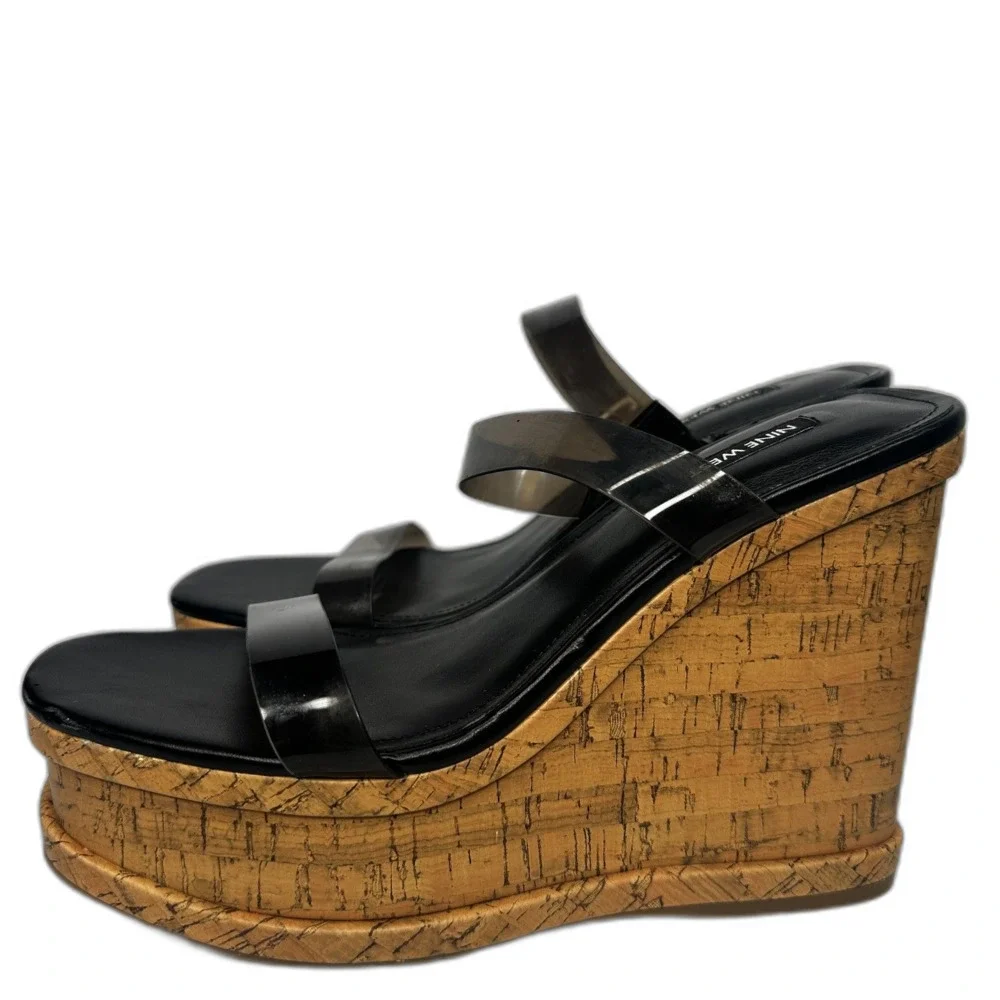 Nine West Platform Sandals 9.5 Slide Wedge Clear Strap Vacation Club Black rapps